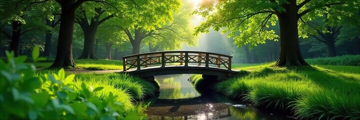 Fototapeta premium A lush green park with a charming footbridge crossing a tranquil stream, sunlight dappling through leaves Perfect for nature, tranquility, and environmental themes , plants, color