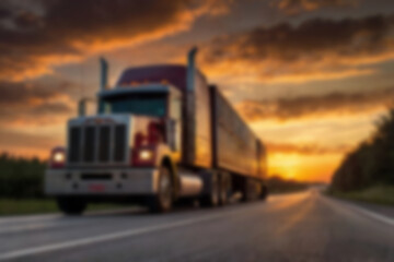 Blurry photo of container truck carrying large containers on highway with beautiful sunset.