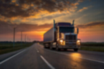 Blurry photo of container truck carrying large containers on highway with beautiful sunset.