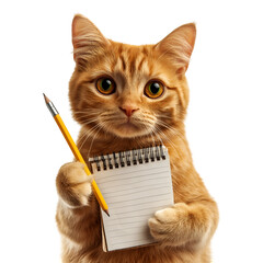 Cute Ginger Cat Holding Notebook and Pencil