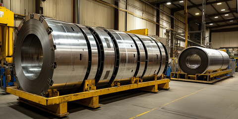 Industrial metal coil rolls showcasing steel and aluminum production in factory setting