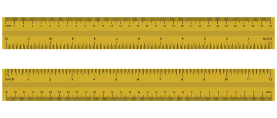Ruler inches and cm scale on both sides. Inch, cm metric rulers. inch and centimeters double side measurement  yellow isolated rulers. Measuring tool. Ruler 30 cm, 12 inch. Vector illustration.