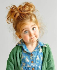 young girl with puzzled expression looking upward against white background