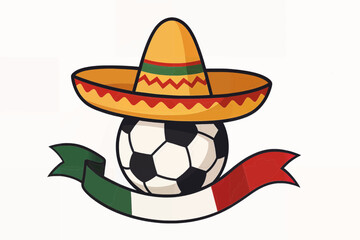 Classic Mexican sombrero on football with flag ribbon, festive minimal vector World Cup 2026