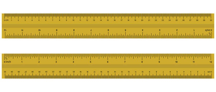 Ruler inches and cm scale on both sides. Inch, cm metric rulers. inch and centimeters double side measurement  yellow isolated rulers. Measuring tool. Ruler 30 cm, 12 inch. Vector illustration.
