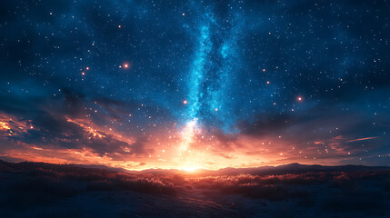 Fototapeta premium Majestic milky way galaxy shines above earths landscape under a vibrant sunset sky full of stars