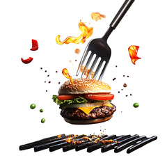 BBQ tongs flipping burger, American summer theme, isolated PNG.