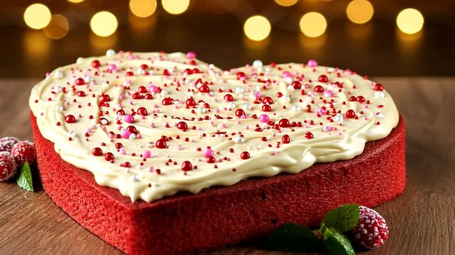 Heart Shaped Red Velvet Cake with Cream Cheese Frosting and Sprinkles for Love Celebration
