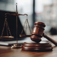 Wooden gavel and brass scales of justice rest on a dark wood surface, suggesting legal proceedings
