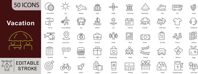 Vacation Travel Holiday Line Icons Set - 50 Editable Vector Symbols for Tourism Trip Adventure Leisure Design Projects