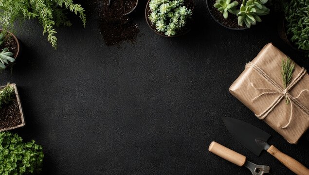 Dark background with potted succulents, gardening tools, and a rustic wrapped gift, leaving ample space in the center