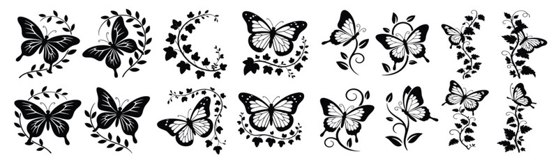 Butterfly Plants Vines Silhouette Vector Set, Artistic black vector bundle of 16 designs featuring butterflies with decorative floral vines for wall art, print, craft and decor use. © ATIQULISLAM