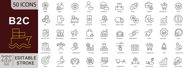 B2C Business Commerce Line Icons Set - 50 Editable Vector Symbols for Customer Sales Marketing E-commerce Design Projects