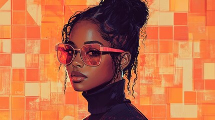 African woman wearing sunglasses and a neck scarf on a textured orange background. Space for text.