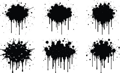 Vector art of set of six black paint splatters with drips isolated on transparent background, ideal for adding texture to designs