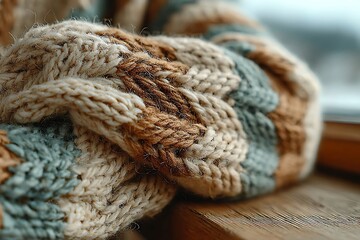 Close-up view of a cozy, knitted sweater on a wooden surface, showcasing its intricate textures and warm colors