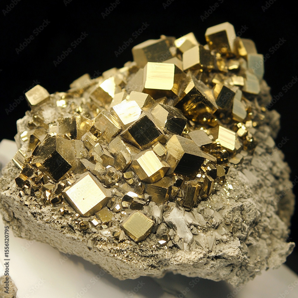 Poster Close-up view of sparkling pyrite crystals on rock surface Generative AI