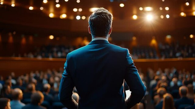 Confident Speaker on Stage: A charismatic individual in a tailored suit addresses a packed auditorium, bathed in the spotlight, his presence commanding attention and respect.