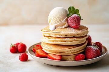 A plate of pancakes with syrup and ice cream over top set over pale beige setting depicts nutritious and savory meal notion delish, Generative AI.
