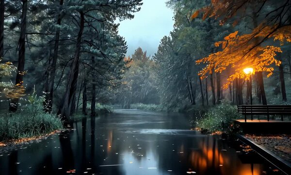 Rainy forest river with light and bench
