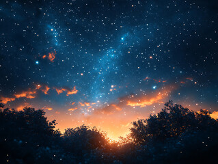 Fototapeta premium Majestic night sky with twinkling stars and glowing clouds over silhouetted trees creates magical scenery underneath