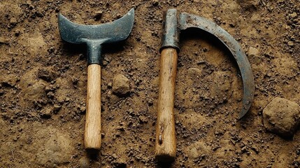 Vintage Hand Tools for Gardening and Agriculture on Soil Background