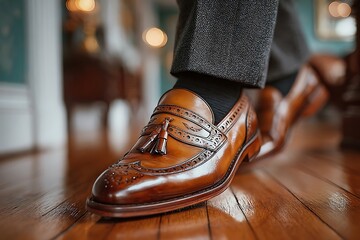 A close-up of a person's stylish leather loafers and suit pants