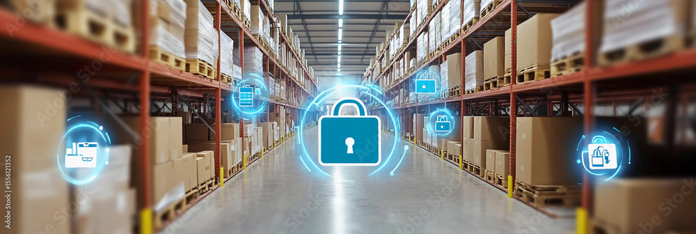 Poster Smart warehouse with advanced security features observed Generative AI