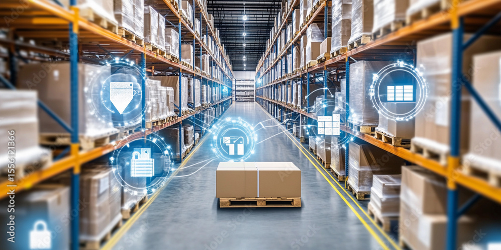 Poster smart warehouse showcasing advanced inventory management systems generative ai