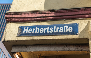Herbertstrasse street sign in Hamburg, Germany. Herbertstrasse is a street in the St. Pauli district of Hamburg, located near the Reeperbahn, which is the main red-light district.