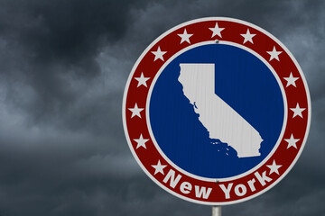 New York map with stars on a US red, white and blue road sign