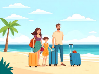 The family has arrived to holiday on the beach and sea. They sta