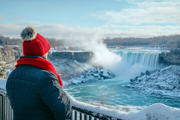 Outdoor balcony view of man admiring Nayagnod Falls waterfall in winter clothing