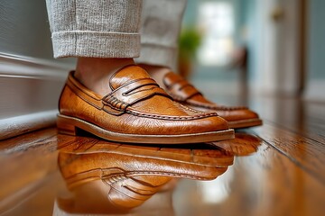 Close-up of stylish brown leather loafers shoes on polished wood floor, showcasing a classic design