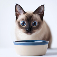 Hungry Siamese Cat Staring at Empty Bowl