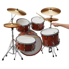 Obraz premium Photo of a brown drum kit, isolated on transparent background, is shown with a hand holding drumsticks, ready to play, capturing the energy and excitement of a musical performance