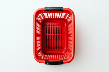 Red plastic shopping basket isolated on white background, top view.