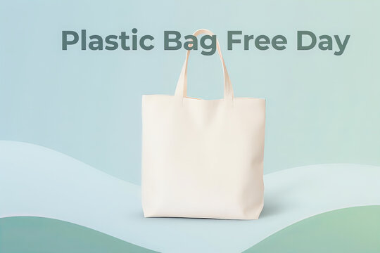 White reusable shopping bag is displayed against soft gradient background with text Plastic Bag Free Day, promoting eco friendly practices