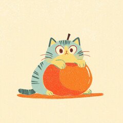 Cute cat hugging a persimmon, pastel crayon hand-drawn