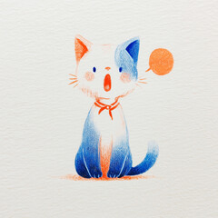 Blue and orange crayon cute cat with speech bubble illustration. pastel hand-drawn style