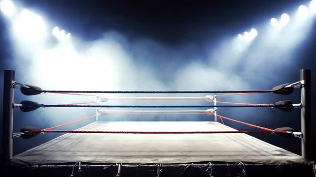 Empty wrestling ring with red ropes under dramatic spotlights in a smoky, dark arena