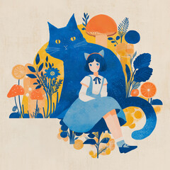 Dreamy pastel world, emotional art of girl and blue cat