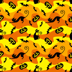 Black silhouettes of pumpkins, cats and bats on a bright yellow and orange background. Seamless Halloween pattern, print, vector illustration
