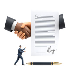 Contract Deal: A symbolic illustration depicts a successful business deal sealed with a handshake. the agreement is cemented with a formal document and pen
