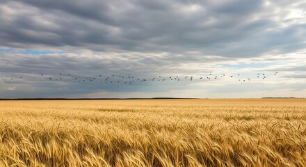A vast golden wheat field under a dramatic cloudy sky with a flock of birds in flight