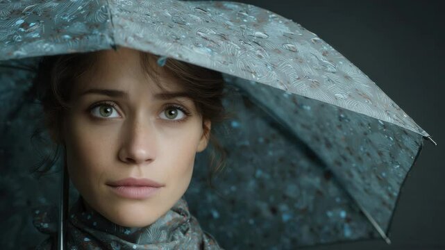 Young woman with brown hair standing under grey-blue umbrella with raindrops pattern, wearing scarf with floral pattern