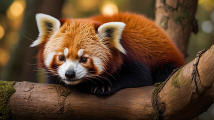red panda curled up in a tree hollow, warm lighting, autumn forest background