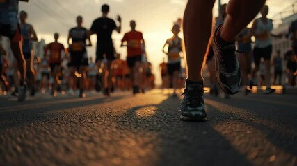 Marathon Runners Crowd Racing on City Streets - Diverse Group of Athletes Running in a Long Distance Race on Asphalt Road in Sunny Weather