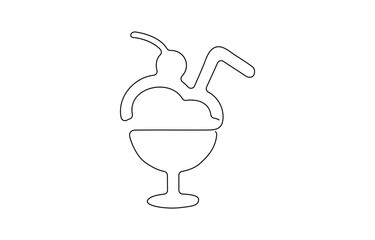 Cocktail glass with ice cream balls in continuous line art drawing style. Black line sketch on white, Wineglass design editable strokes.