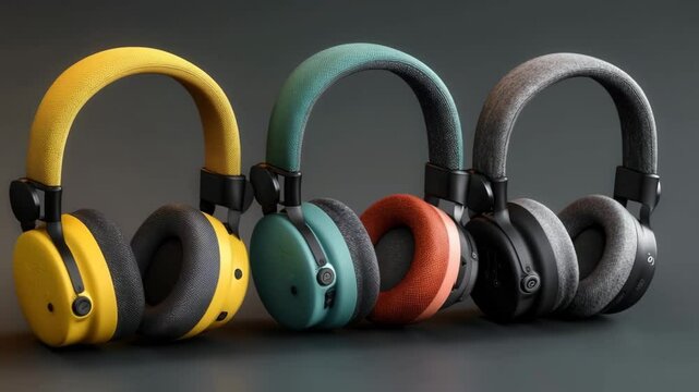 A set of five wireless headphones in different colors (yellow, blue, orange, gray), with soft ear pads and adjustable headbands, arranged in a row